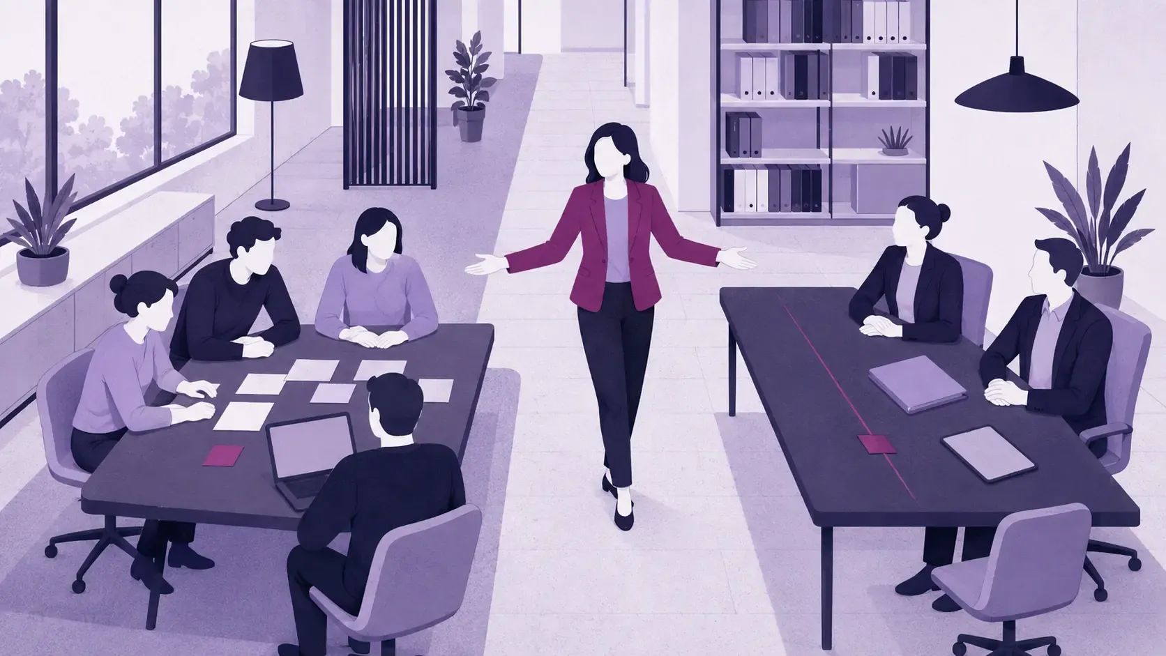 Agile Coach zwischen zwei Tischen: links ein Team mit Karten und Laptop, rechts zwei Personen in Geschäftskleidung