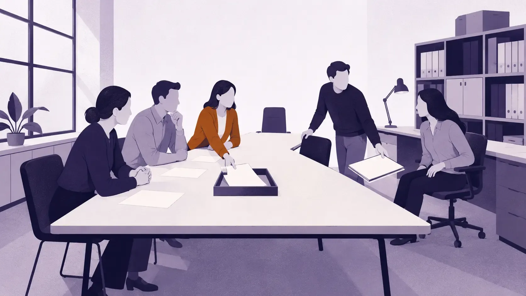 Gelebte Unternehmenskultur im Meeting: Fünf Personen am langen Tisch, eine steht und reicht Unterlagen weiter
